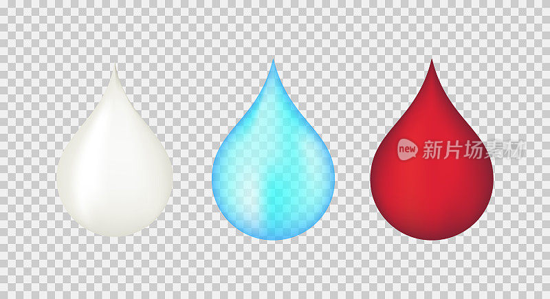 Cream or milk, water, blood drops. 3D vector illustration